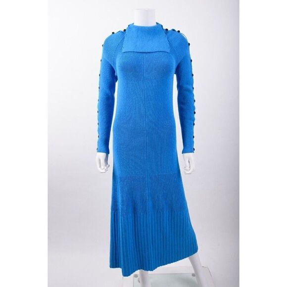 Proenza Schouler Womens Maxi Dress Sz M Blue Ribbed Knit Stretch Turtleneck NWT - Picture 1 of 6